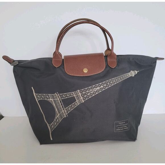 Longchamp Le Pliage Nylon Top Handle Tote Women's EIFFEL TOWER Gray Large Zip - Picture 1 of 12